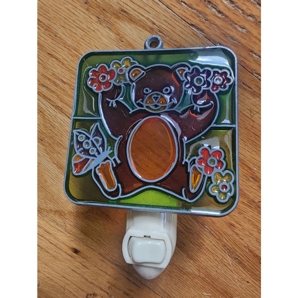 Vintage stained glass Night Light Bear Green Brown